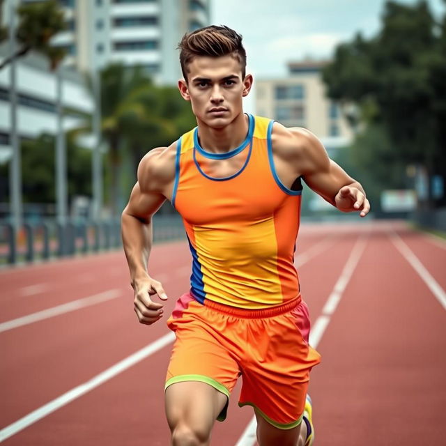 A young man dressed in vibrant sportswear, showcasing an athletic build