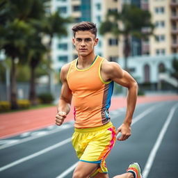 A young man dressed in vibrant sportswear, showcasing an athletic build