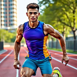 A young man dressed in vibrant sportswear, showcasing an athletic build
