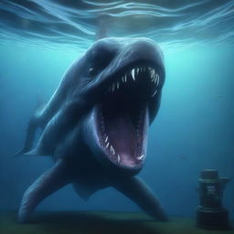 The world's largest sea monster in the deep ocean, preying on a small submarine, depicted in 4K, hyper-realistic style.