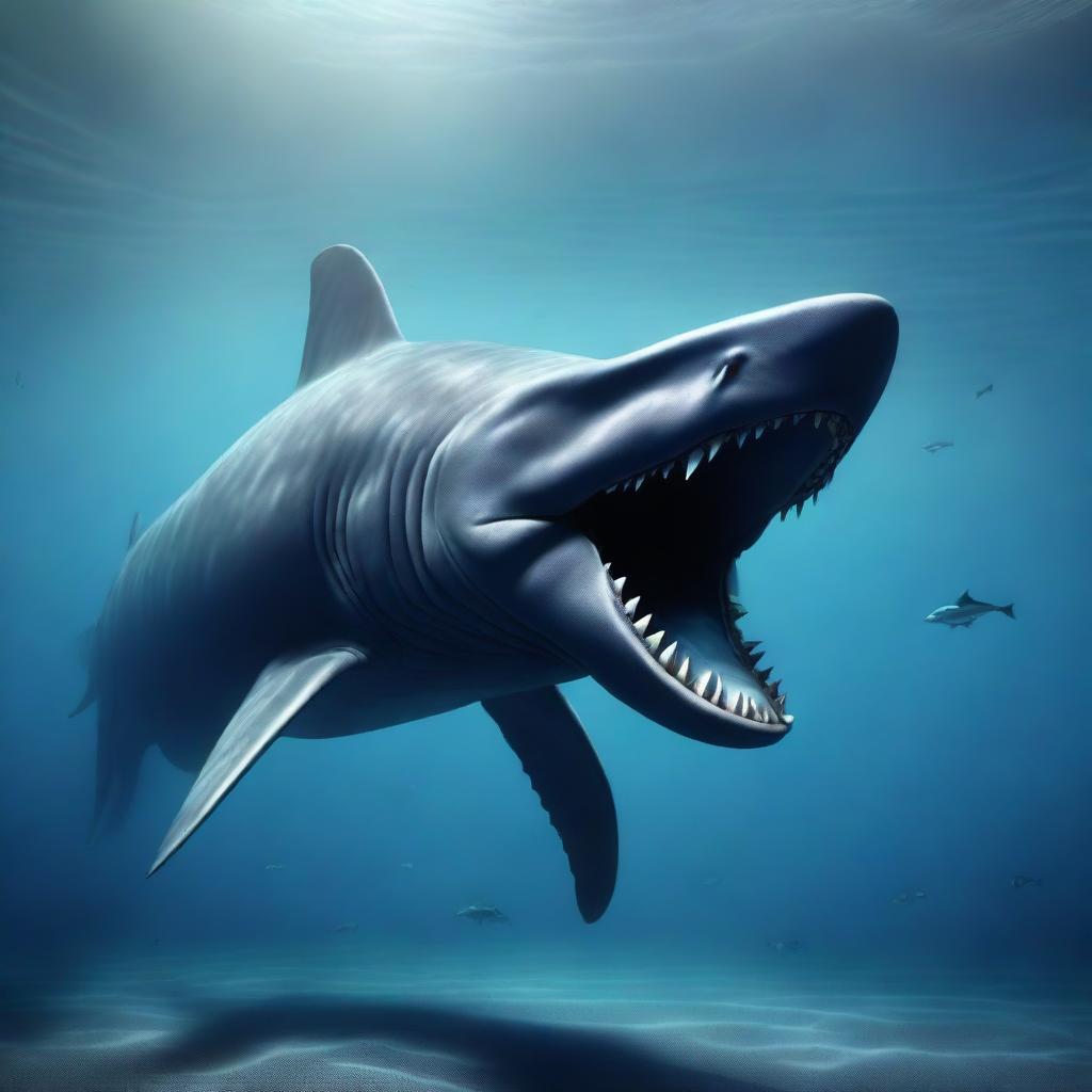 The world's largest sea monster in the deep ocean, preying on a small shark, depicted in 4K, hyper-realistic style.