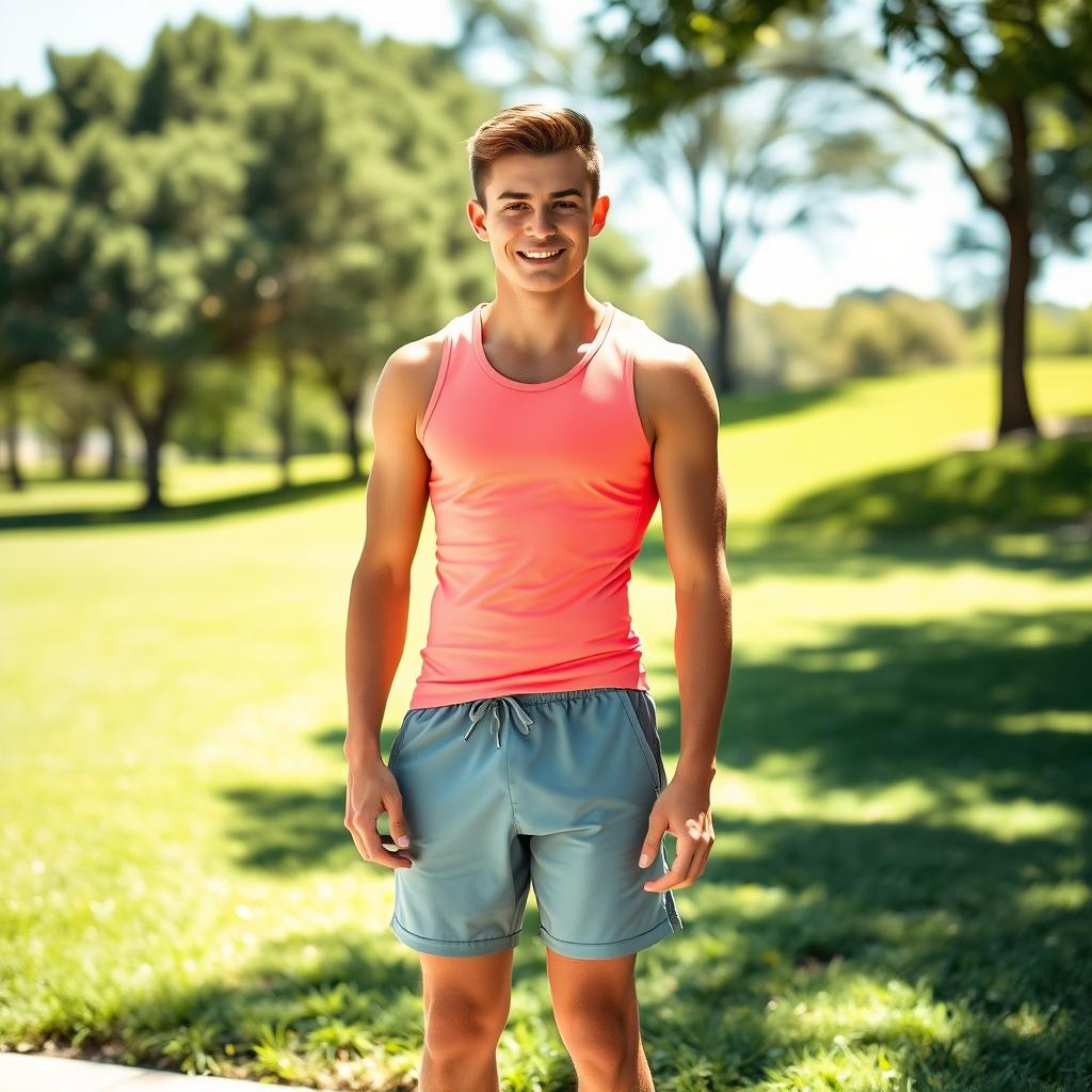 A young man standing confidently, wearing stylish sportswear