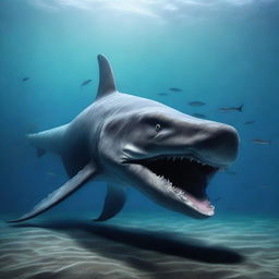 The world's largest sea monster in the deep ocean, preying on a small shark, depicted in 4K, hyper-realistic style.