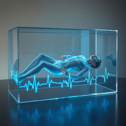 A surreal and conceptual image of a translucent man lying in a transparent glass box, representing a frozen state, surrounded by ethereal ECG waves flowing beneath him