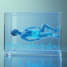 A surreal and conceptual image of a translucent man lying in a transparent glass box, representing a frozen state, surrounded by ethereal ECG waves flowing beneath him