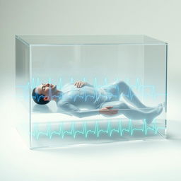 A surreal and conceptual image of a translucent man lying in a transparent glass box, representing a frozen state, surrounded by ethereal ECG waves flowing beneath him