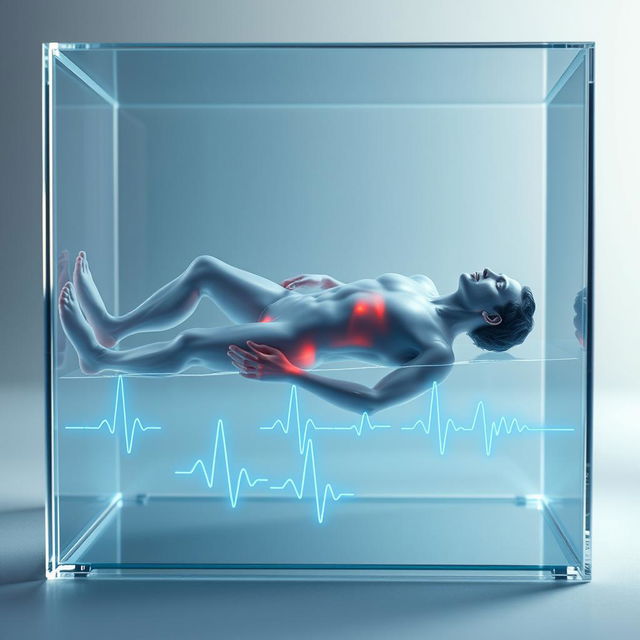 A surreal and conceptual image of a translucent man lying in a transparent glass box, representing a frozen state, surrounded by ethereal ECG waves flowing beneath him