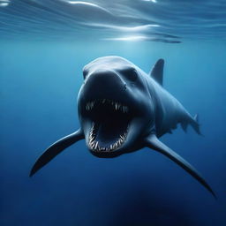 The world's largest sea monster in the deep ocean, preying on a small shark, depicted in 4K, hyper-realistic style.