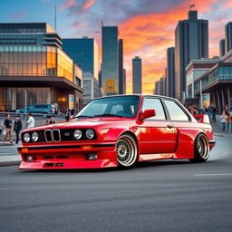 A modified BMW E30 4-door in a striking red color, designed for drifting with large fenders over the arches and fitted with BBS wheels