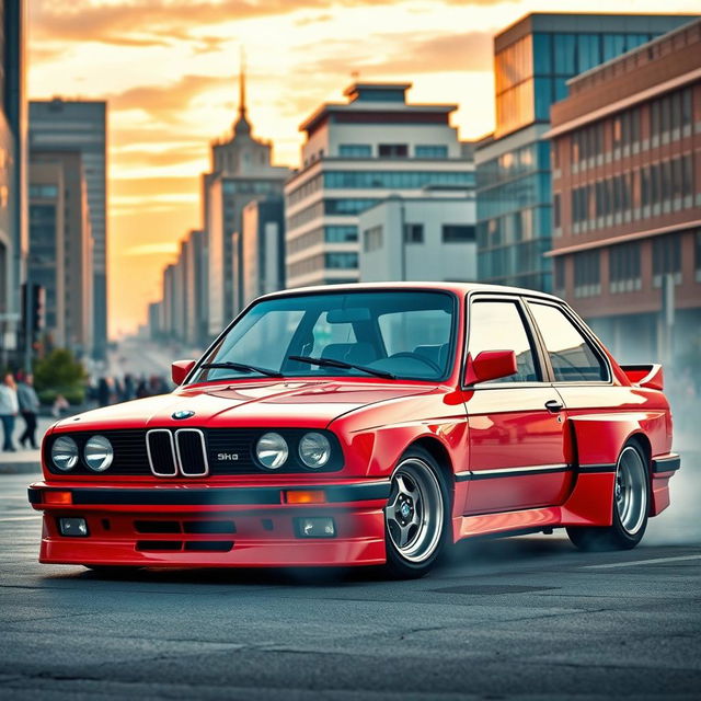 A modified BMW E30 4-door in a striking red color, designed for drifting with large fenders over the arches and fitted with BBS wheels