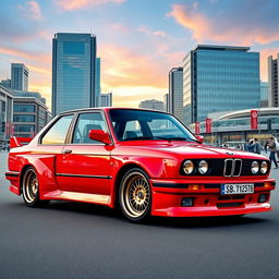 A modified BMW E30 4-door in a striking red color, designed for drifting with large fenders over the arches and fitted with BBS wheels