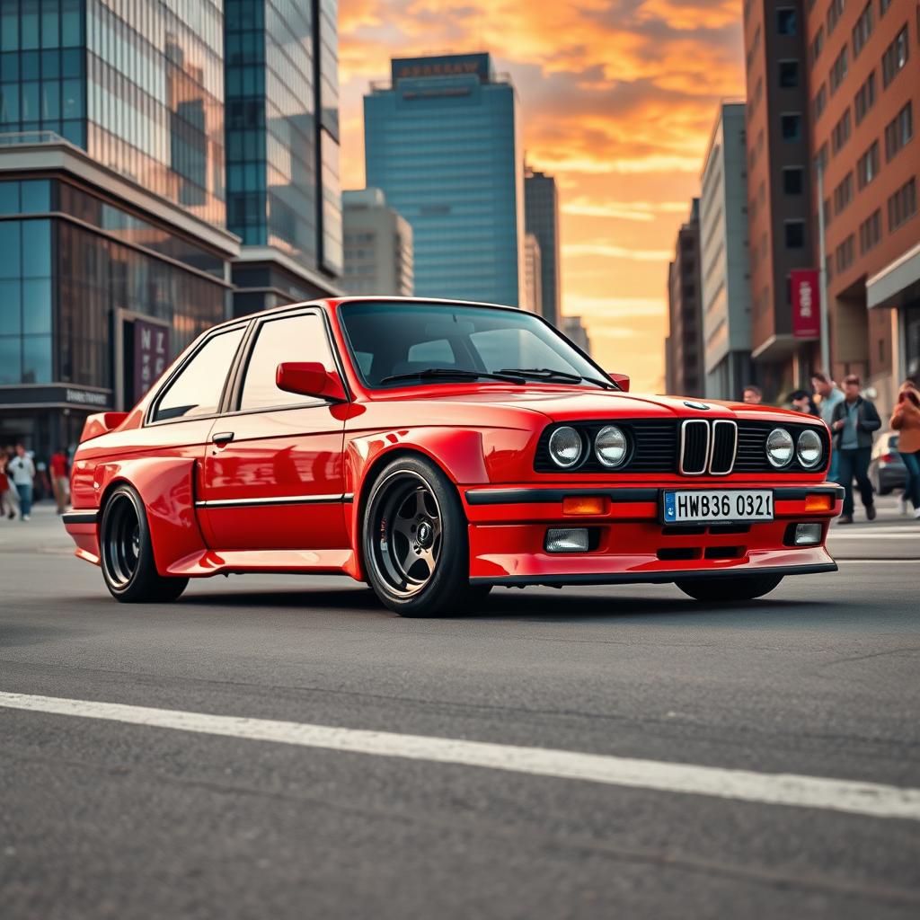 A modified BMW E30 4-door in a striking red color, designed for drifting with large fenders over the arches and fitted with BBS wheels