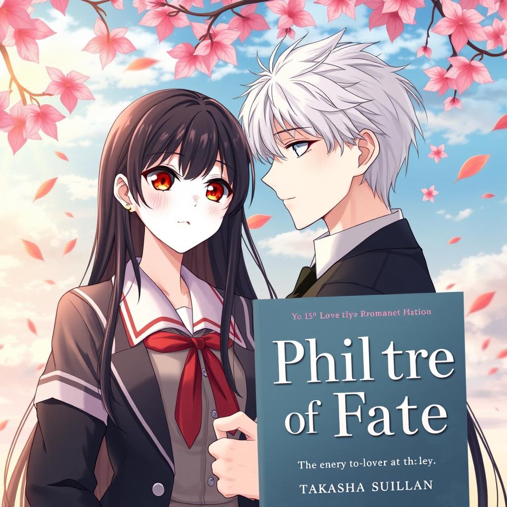 A romantic illustration inspired by the spy fiction novel 'Philtre of Fate', featuring the characters Takashi and Suiren