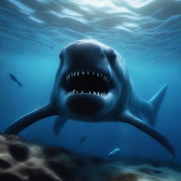 The world's largest sea monster in the deep ocean, preying on a small shark, depicted in 4K, hyper-realistic style.