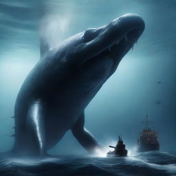 The world's largest sea monster hunting a submarine in the deep ocean, depicted in a 4K, hyper-realistic style.