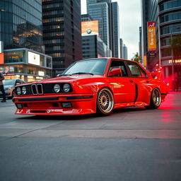 A vividly detailed BMW E30 4-door in a striking red color, designed for drifting, featuring large fenders that emphasize the aggressive stance, and equipped with stylish BBS wheels