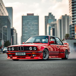A vividly detailed BMW E30 4-door in a striking red color, designed for drifting, featuring large fenders that emphasize the aggressive stance, and equipped with stylish BBS wheels