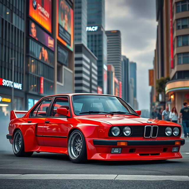 A vividly detailed BMW E30 4-door in a striking red color, designed for drifting, featuring large fenders that emphasize the aggressive stance, and equipped with stylish BBS wheels