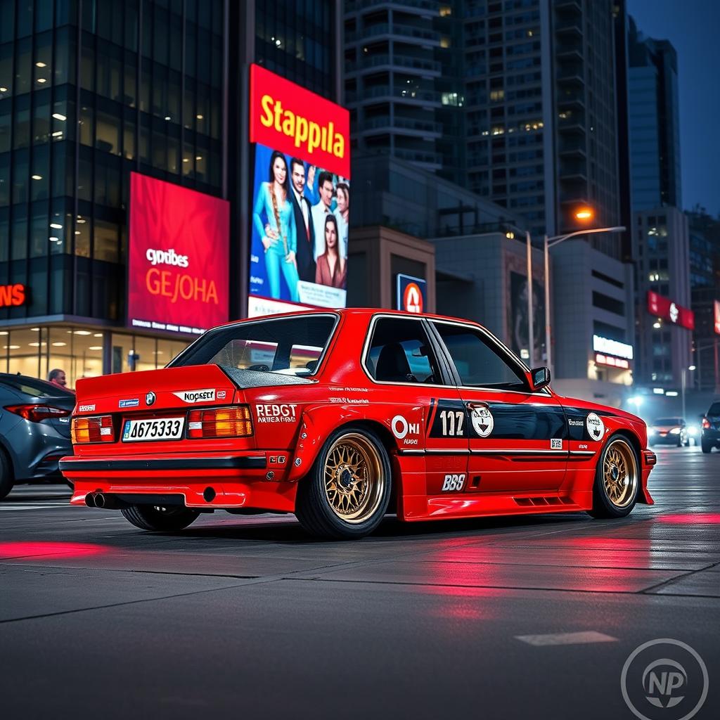 A vividly detailed BMW E30 4-door in a striking red color, designed for drifting, featuring large fenders that emphasize the aggressive stance, and equipped with stylish BBS wheels