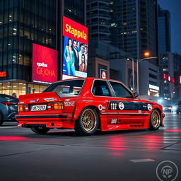 A vividly detailed BMW E30 4-door in a striking red color, designed for drifting, featuring large fenders that emphasize the aggressive stance, and equipped with stylish BBS wheels