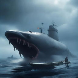 The world's largest sea monster hunting a submarine in the deep ocean, depicted in a 4K, hyper-realistic style.