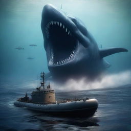 The world's largest sea monster hunting a submarine in the deep ocean, depicted in a 4K, hyper-realistic style.