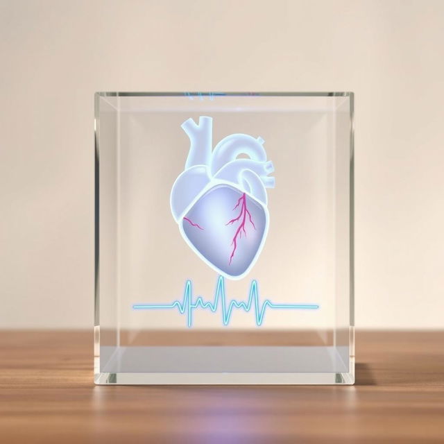 A transparent glass box containing a stylized, imaginary heart in a horizontal straight position, elegantly designed with intricate details