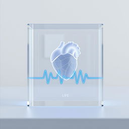 A transparent glass box containing a stylized, imaginary heart in a horizontal straight position, elegantly designed with intricate details