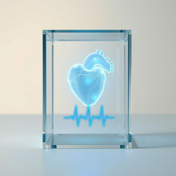 A transparent glass box containing a stylized, imaginary heart in a horizontal straight position, elegantly designed with intricate details