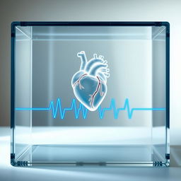 A transparent glass box containing a stylized, imaginary heart in a horizontal straight position, elegantly designed with intricate details
