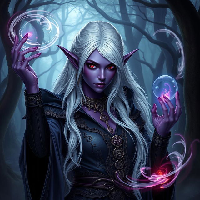 A stunning drow woman dressed as a powerful sorcerer, with deep purple skin and striking white hair cascading down her back