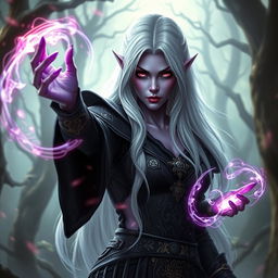 A stunning drow woman dressed as a powerful sorcerer, with deep purple skin and striking white hair cascading down her back