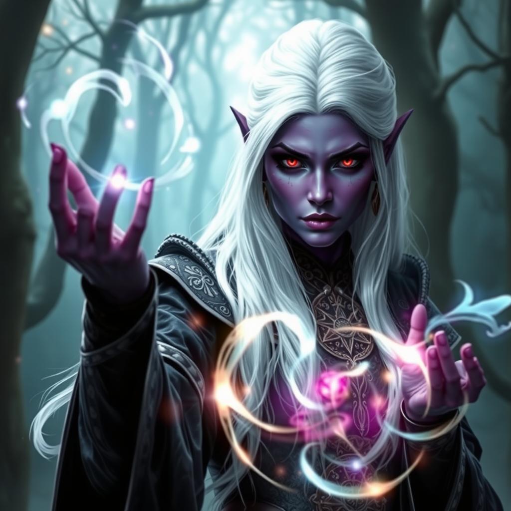 A stunning drow woman dressed as a powerful sorcerer, with deep purple skin and striking white hair cascading down her back