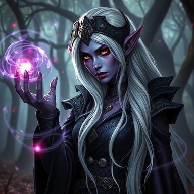 A stunning drow woman dressed as a powerful sorcerer, with deep purple skin and striking white hair cascading down her back