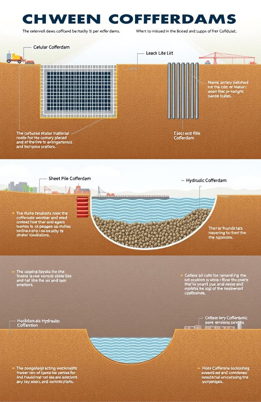 A detailed illustration showcasing various types of cofferdams used in construction and engineering projects