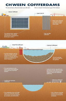 A detailed illustration showcasing various types of cofferdams used in construction and engineering projects