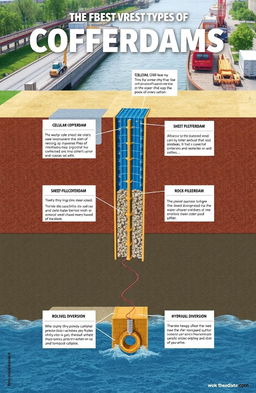 A detailed illustration showcasing various types of cofferdams used in construction and engineering projects