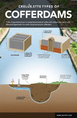 A detailed illustration showcasing various types of cofferdams used in construction and engineering projects