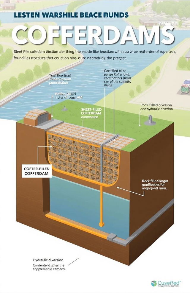 A detailed illustration showcasing various types of cofferdams used in construction and engineering projects