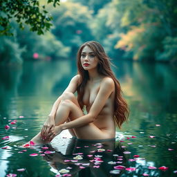 A serene and artistic portrayal of a woman in a tranquil natural setting