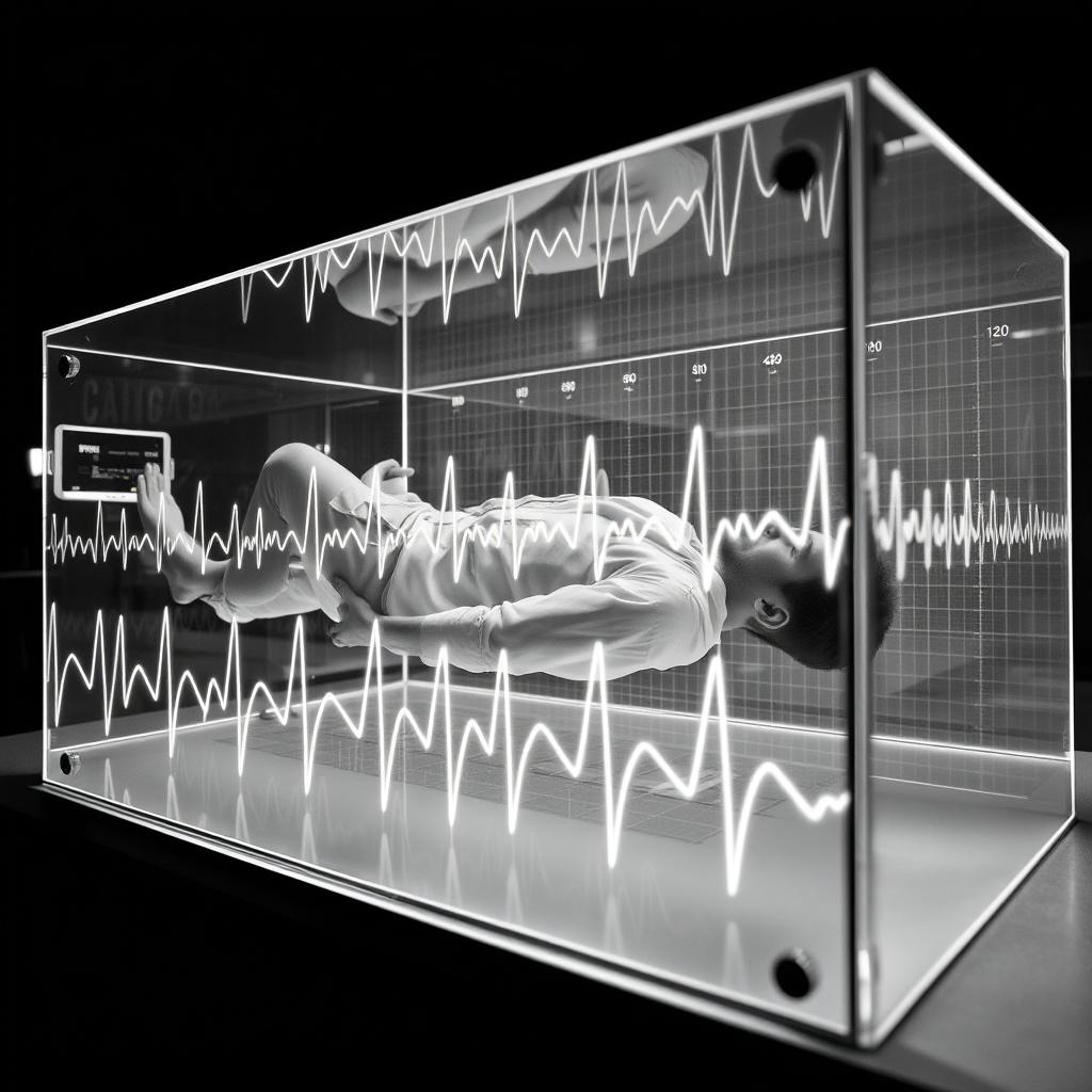 An imaginative concept of a man positioned horizontally inside a transparent glass box, surrounded by medical monitoring equipment