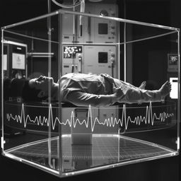 An imaginative concept of a man positioned horizontally inside a transparent glass box, surrounded by medical monitoring equipment