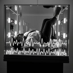 An imaginative concept of a man positioned horizontally inside a transparent glass box, surrounded by medical monitoring equipment