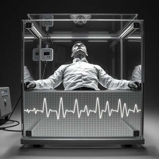 An imaginative concept of a man positioned horizontally inside a transparent glass box, surrounded by medical monitoring equipment