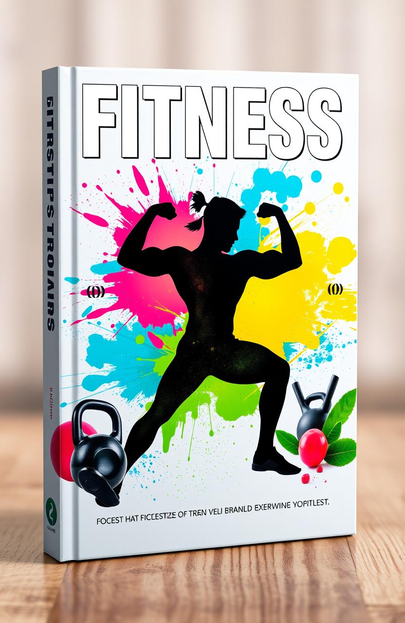 A visually striking and motivational fitness book cover featuring a strong, muscular silhouette of an athletic person in a dynamic pose, surrounded by vibrant splashes of color symbolizing energy and vitality