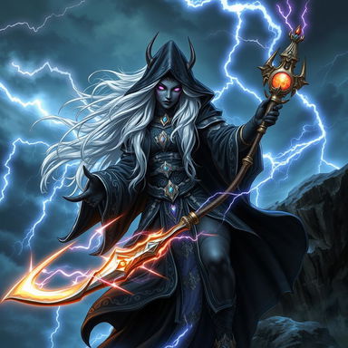 A powerful sorceress from the drow race, commanding the forces of thunder magic