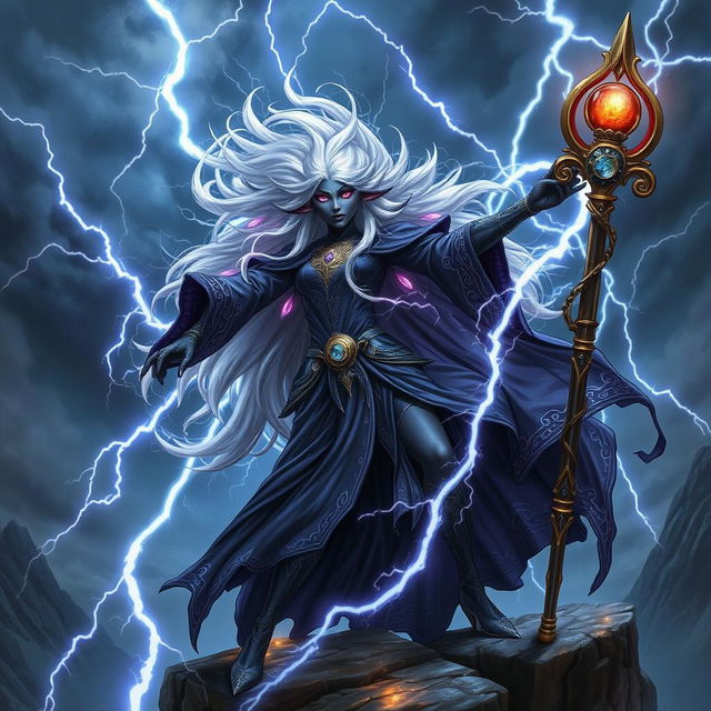 A powerful sorceress from the drow race, commanding the forces of thunder magic