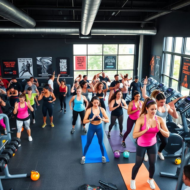 A vibrant and energetic gym scene filled with various fitness enthusiasts engaged in different workouts