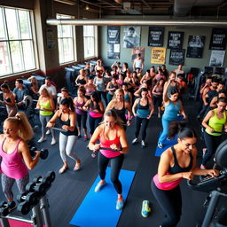 A vibrant and energetic gym scene filled with various fitness enthusiasts engaged in different workouts
