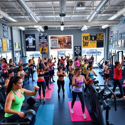 A vibrant and energetic gym scene filled with various fitness enthusiasts engaged in different workouts